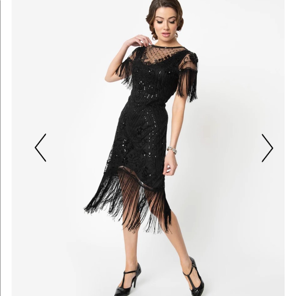 Unique Vintage Black Beaded Fringe Sleeve Nadine Flapper Dress Large